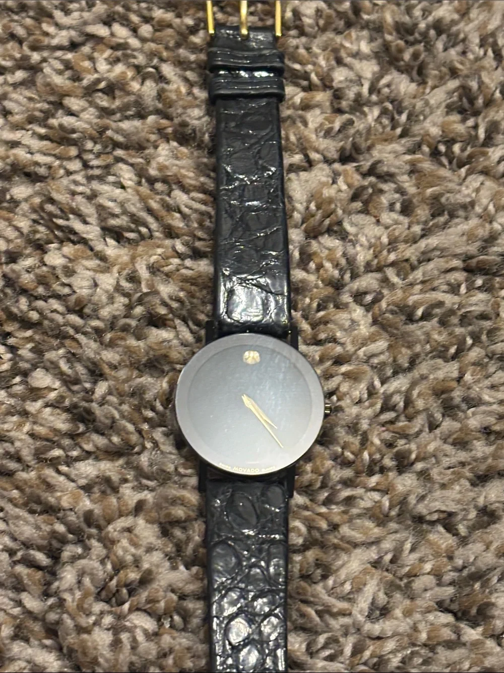 Movado Black Leather Watch with Gold Hands